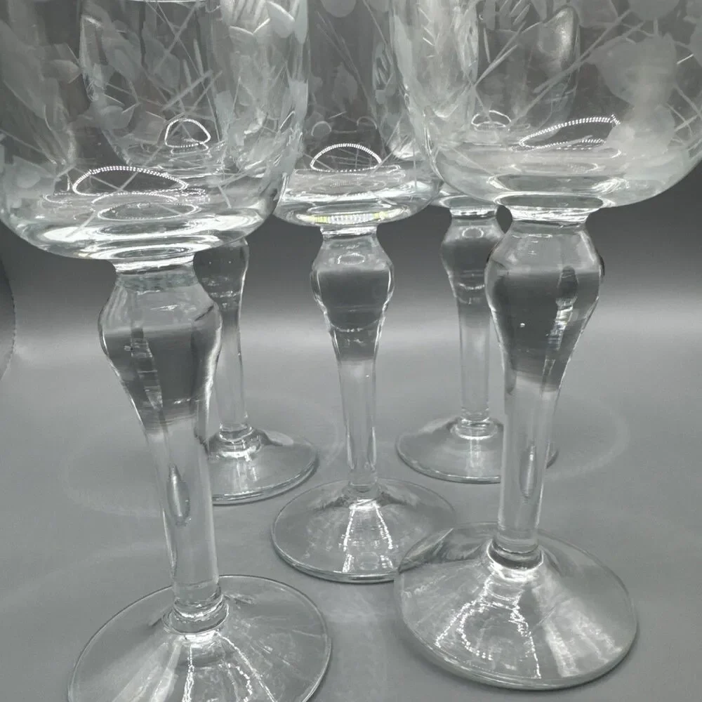 Vintage Etched Rose Crystal Long Stem Wine Glasses Set Of 5, 6.5”